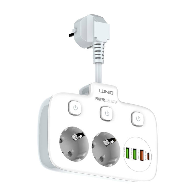 Power strip with 2 AC sockets, 3x USB, USB-C, LDNIO SE2435, 2500W (white)