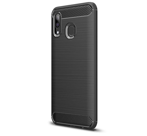 Szilikon telefonvédő (közepesen ütésálló, légpárnás sarok, szálcsiszolt, karbon minta) FEKETE [Samsung Galaxy A30 (SM-A305F)]