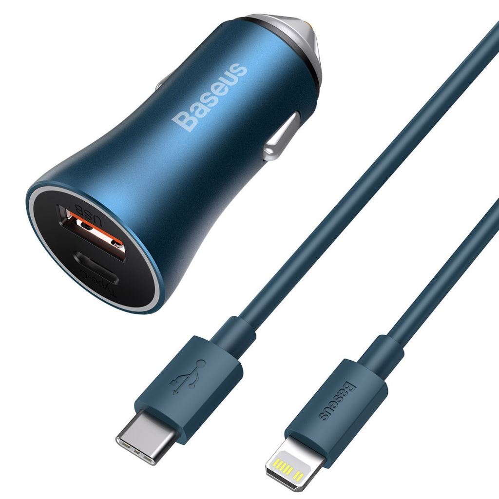 Baseus Golden Contactor Pro autós töltő, USB + USB-C, QC4.0 +, PD, SCP, 40W, kék + USB-C - Lightning kábel 1m, kék (TZCCJD-03) Baseus Golden Contactor Pro autós töltő, USB + USB-C, QC4.0 +, PD, SCP, 40W, kék + USB-C - Lightning kábel 1m, kék (TZCCJD-03)