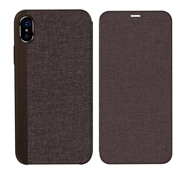 JOYROOM LEON tok álló, bőr hatású (aktív FLIP, oldalra nyíló, textilbevonat) BARNA [Apple iPhone XS 5.8]