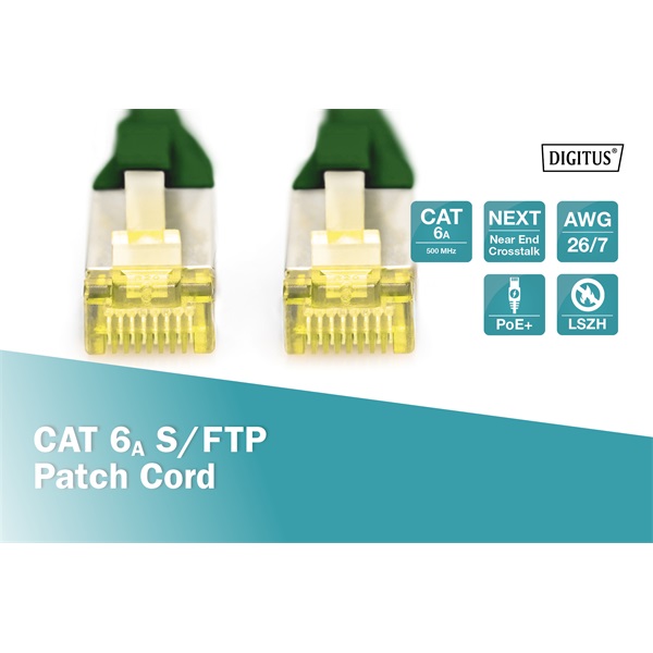 RJ45 Hálózat Csatlakozókábel CAT 6A S/FTP 2.00 m Zöld Halogénmentes, sodort érpár, Védővel, Lángálló Digitus RJ45 Hálózat Csatlakozókábel CAT 6A S/FTP 2.00 m Zöld Halogénmentes, sodort érpár, Védővel, Lángálló Digitus