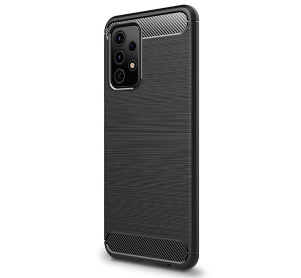 Szilikon telefonvédő (közepesen ütésálló, légpárnás sarok, szálcsiszolt, karbon minta) FEKETE [Samsung Galaxy A52s 5G (SM-A528)]