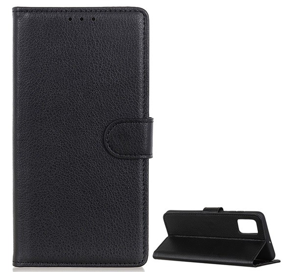 Tok álló, bőr hatású (FLIP, oldalra nyíló, asztali tartó funkció, prémium) FEKETE [Samsung Galaxy A52s 5G (SM-A528)]