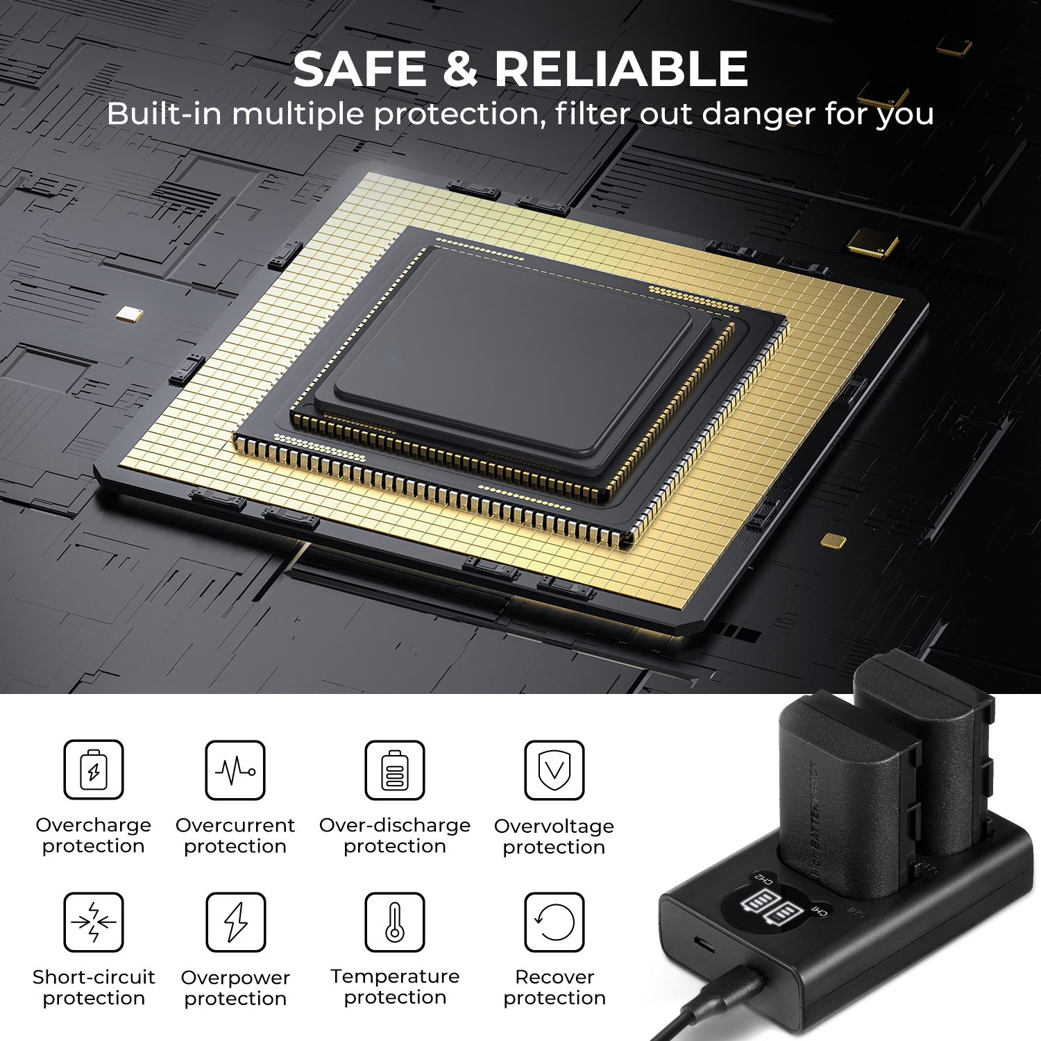 K&F Concept hordozható dupla USB-C akkumulátor LC-E6 töltő + 2db LP-E6NH akkumulátor 2250mAh