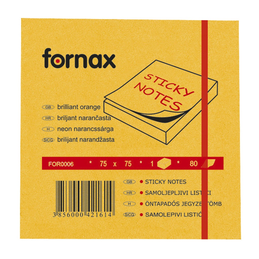Fornax Jegyzettömb öntapadó, 75x75mm, 80lap,  neon narancs (A-05565435)