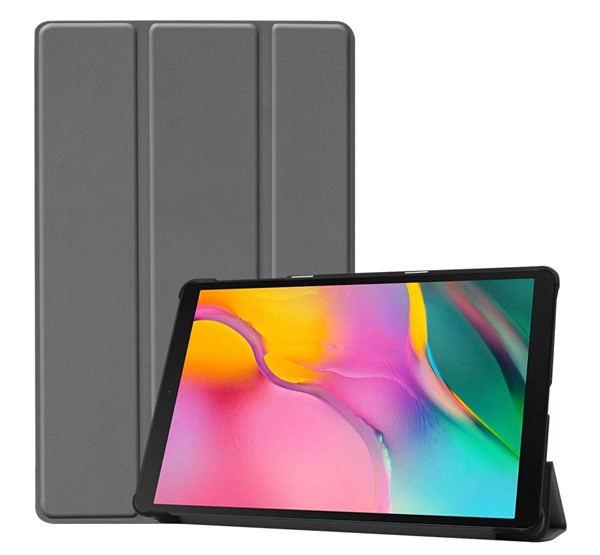 Tok álló, bőr hatású (aktív FLIP, oldalra nyíló, TRIFOLD asztali tartó funkció) SZÜRKE [Samsung Galaxy Tab A 10.1 LTE (2019) SM-T515]
