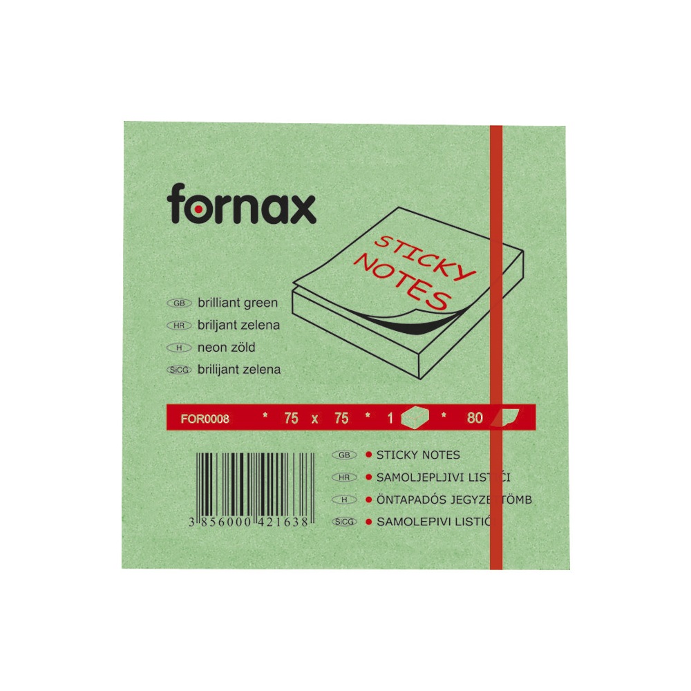 Fornax Jegyzettömb öntapadó, 75x75mm, 80lap,  neon zöld (05565433)