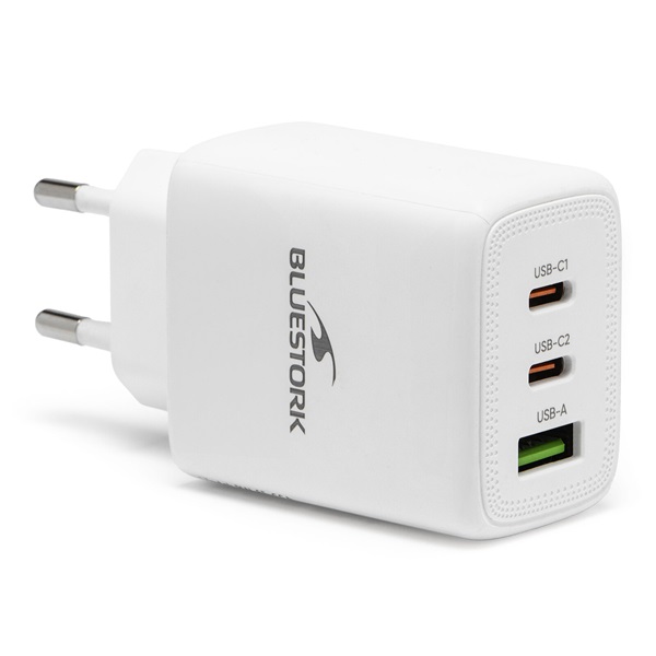Bluestork  PW-65-CCA/0C 2xUSB-C  USB-A  65W  Hálózati töltő Fehér