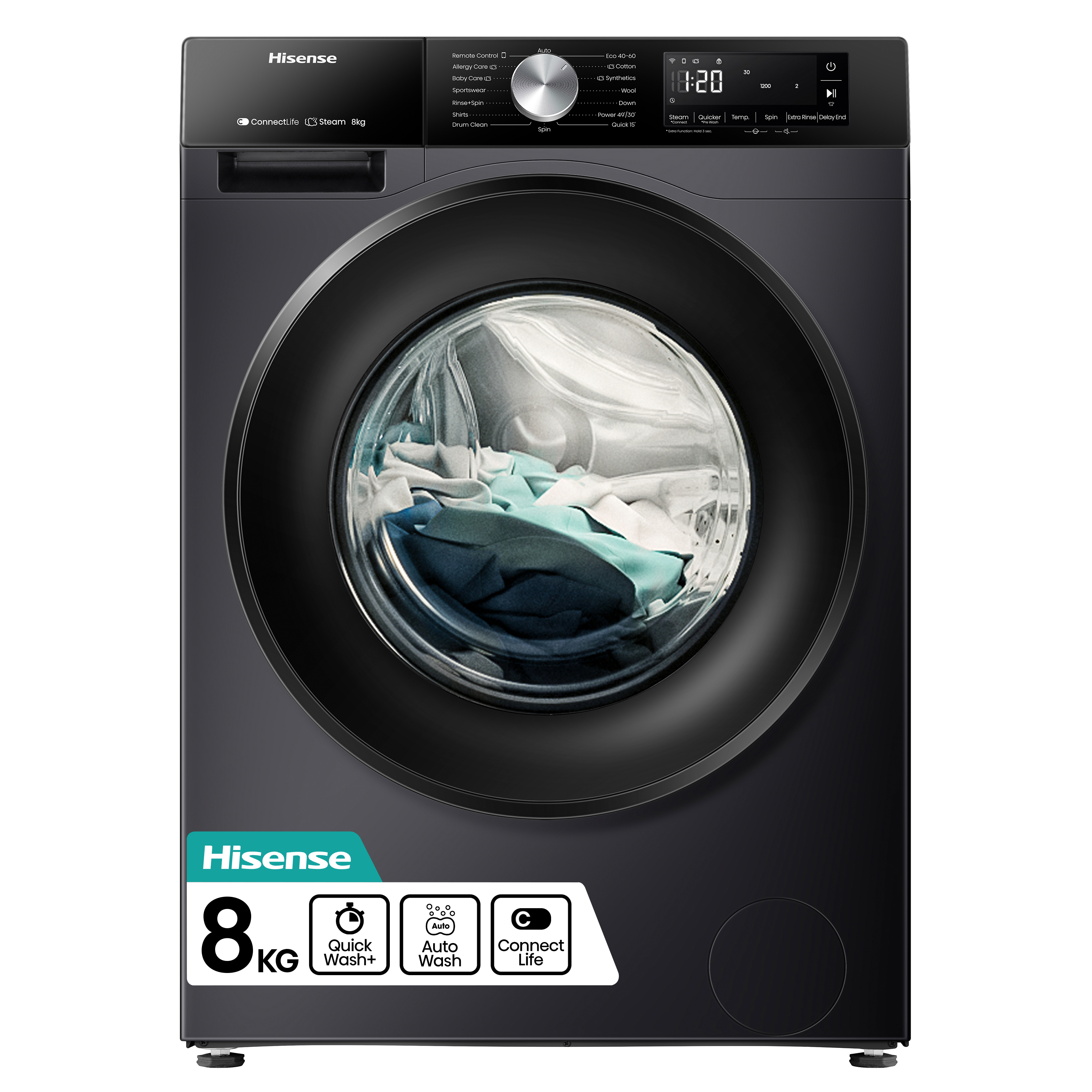 Hisense WF3S8043BB3 Elöltöltős mosógép - 8 Kg, 1400 Fordulat/perc, A Energiaosztály
