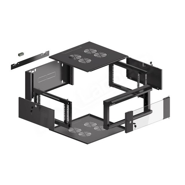 Lanberg WFFA-5604-10B 19" 4U SZÉL:570mm MÉLY:600mm MAG:277mm lapraszerelt üvegajtós fekete fali rack szekrény