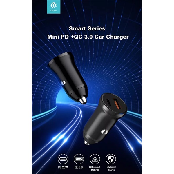 Devia ST359408 Smart Mini 20W USB/Type-C fekete szivargyújtó töltő