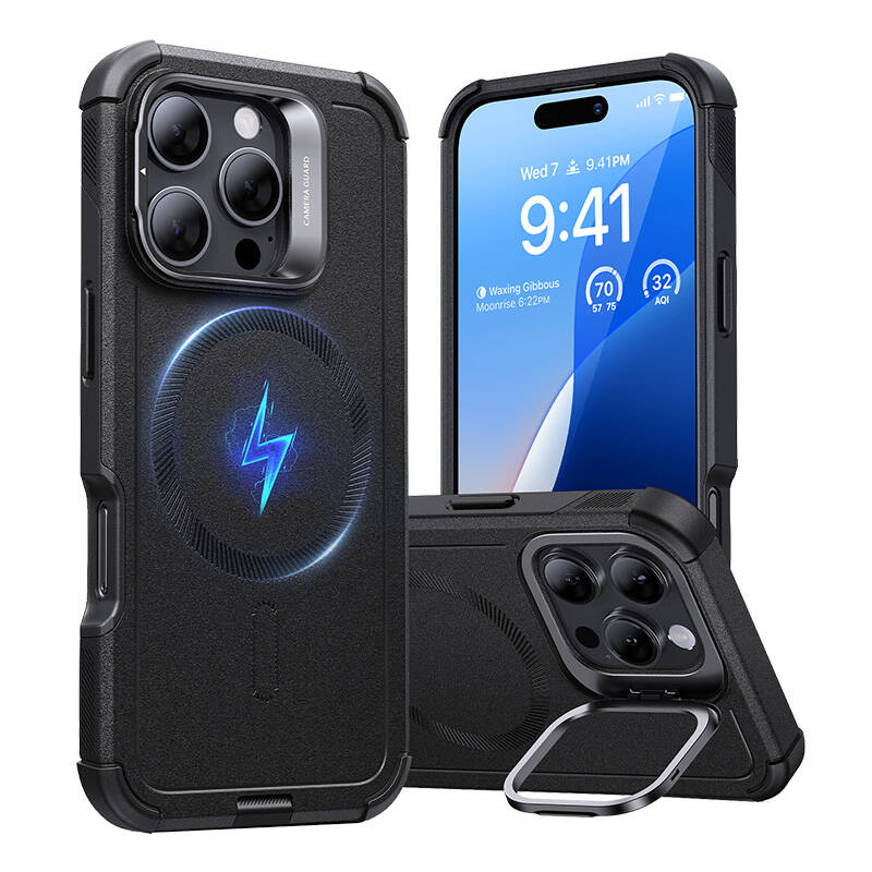 Cyber Tough (HaloLock) ESR tok állvánnyal iPhone 16 Pro Max készülékhez (fekete) Cyber Tough (HaloLock) ESR tok állvánnyal iPhone 16 Pro Max készülékhez (fekete)