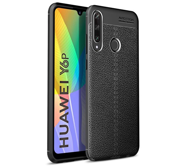 Szilikon telefonvédő (közepesen ütésálló, bőr hatású, varrás minta) FEKETE [Huawei Y6p]