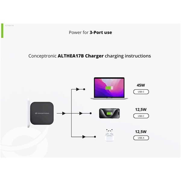 Conceptronic telefon töltő adapter+kábel ALTHEA17B  2xUSB-C+USB-A 67W  USB-C töltő kábel Fekete