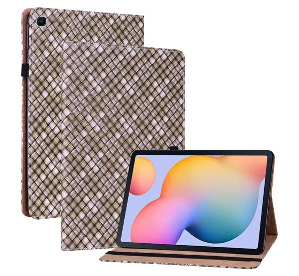 Tok álló, bőr hatású (FLIP, oldalra nyíló, asztali tartó funkció, fonott minta) BARNA [Samsung Galaxy Tab S6 Lite 10.4 LTE (SM-P619) 2022]