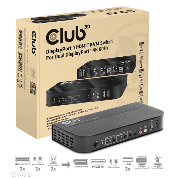 Club 3D   CSV-7210 Dual DisplayPort  4K60Hz  HDMI KVM  IR távirányító KVM Switch 
