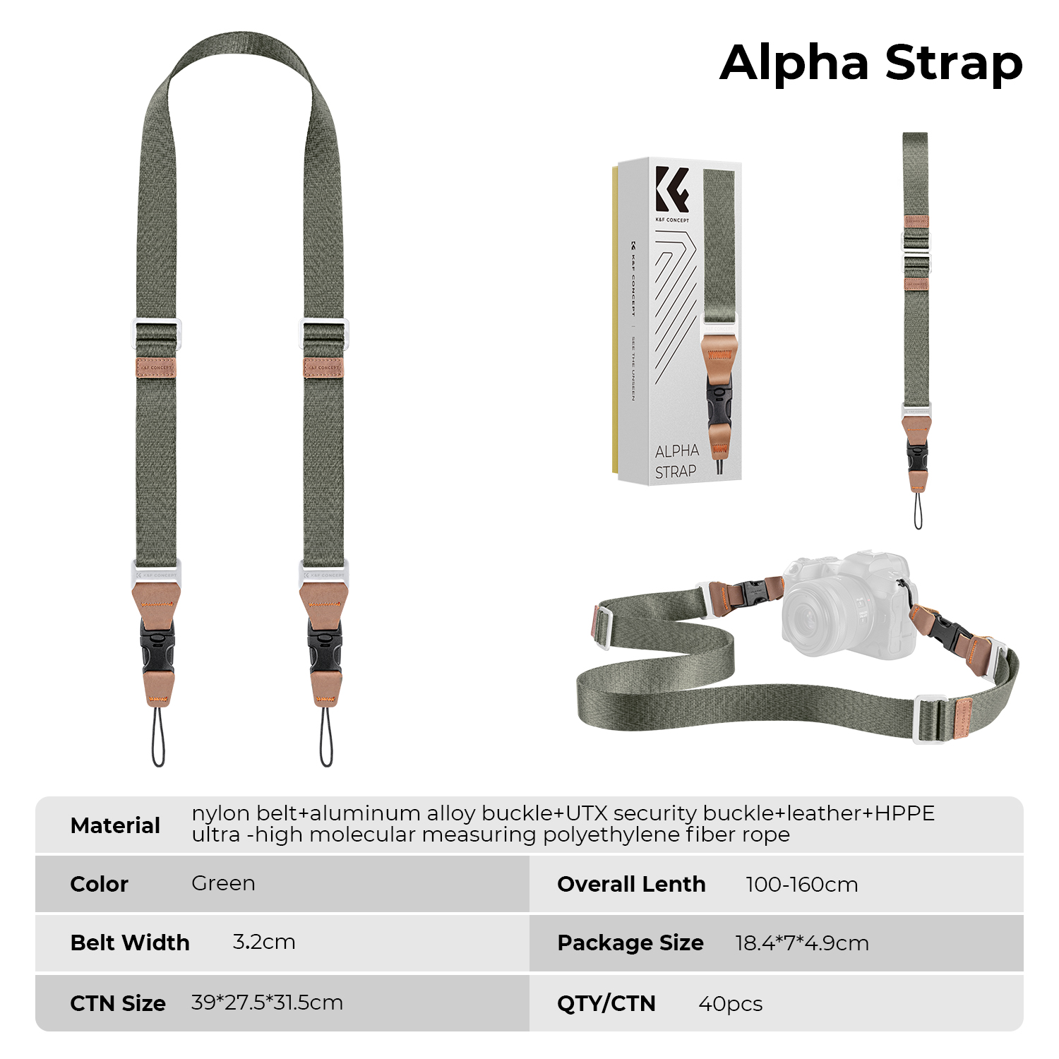 K&F Concept lapos nyakpánt gyorskioldó csattal, 3,2cm x 100-160cm, zöld