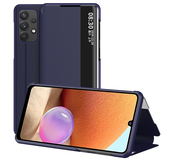 Tok álló, bőr hatású (FLIP, oldalra nyíló, asztali tartó funkció, hívószámkijelzés, View Window) SÖTÉTKÉK [Samsung Galaxy A02s ...