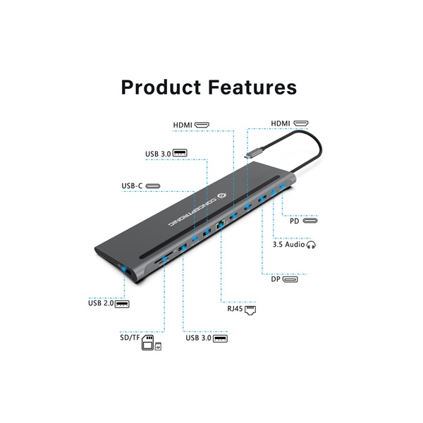 Conceptronic  DONN17G  USB-C to HDMI/DP/USB-C PD/USB-C data/USB 3.0/USB 2.0/SD/TF/GbE/AUX Notebook Dokkoló