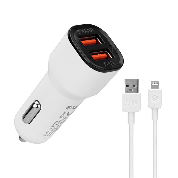 S-Link Autós töltő SL-EC30L USB 5V/2.4A/3,4A 17W Lightning 100cm adat+töltőkábel fehér S-Link Autós töltő SL-EC30L USB 5V/2.4A/3,4A 17W Lightning 100cm adat+töltőkábel fehér