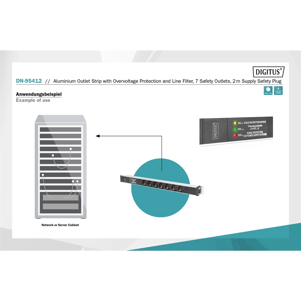 DIGITUS 1U rack alumínium 7 schuko dugaljas hálózati elosztó