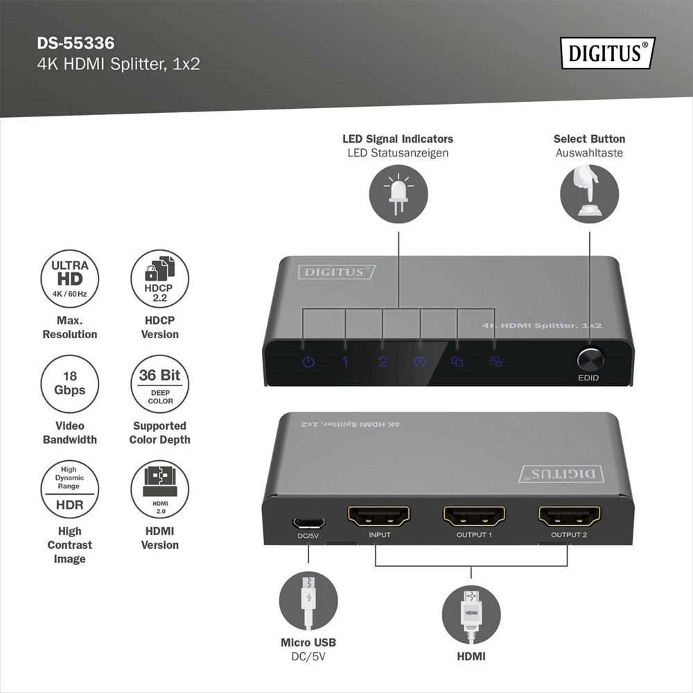 Digitus DS-55336 4K HDMI Splitter 1x2 Fekete