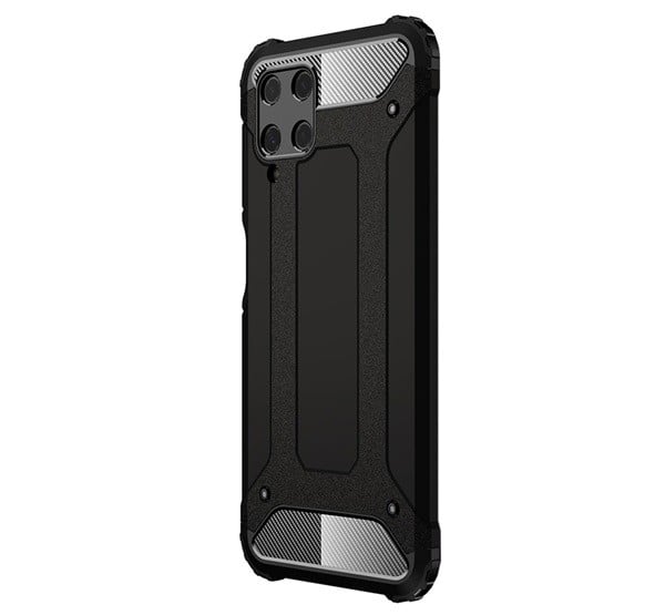 Defender műanyag telefonvédő (közepesen ütésálló, légpárnás sarok, szilikon belső, fémhatás) FEKETE [Samsung Galaxy M22 (SM-M225F)]