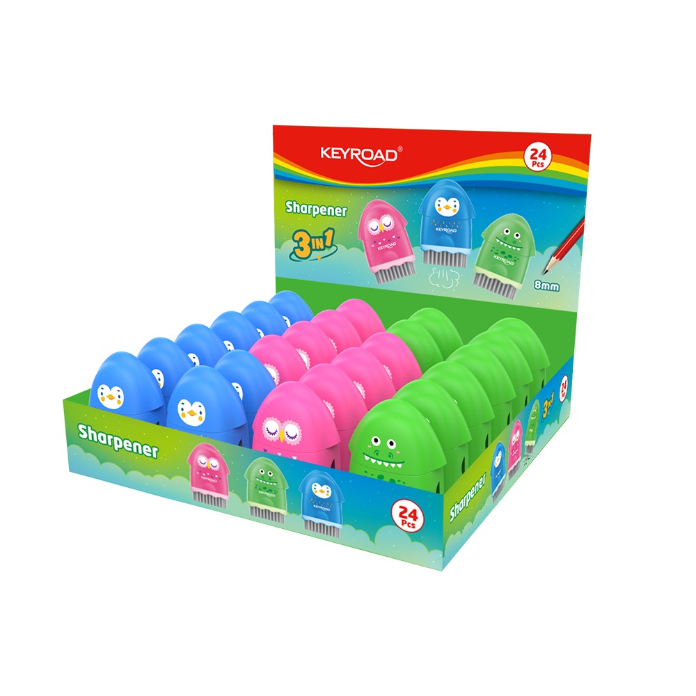 Keyroad Hegyező 1 lyukú radírral és porkefével 24 db/display  Rocky Docky vegyes színek (KR972128)