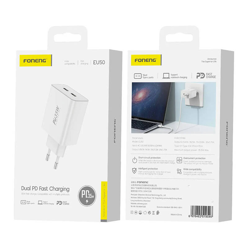 Foneng EU50 PD 35W 2x USB-C ports Hálózati töltő Fehér Foneng EU50 PD 35W 2x USB-C ports Hálózati töltő Fehér
