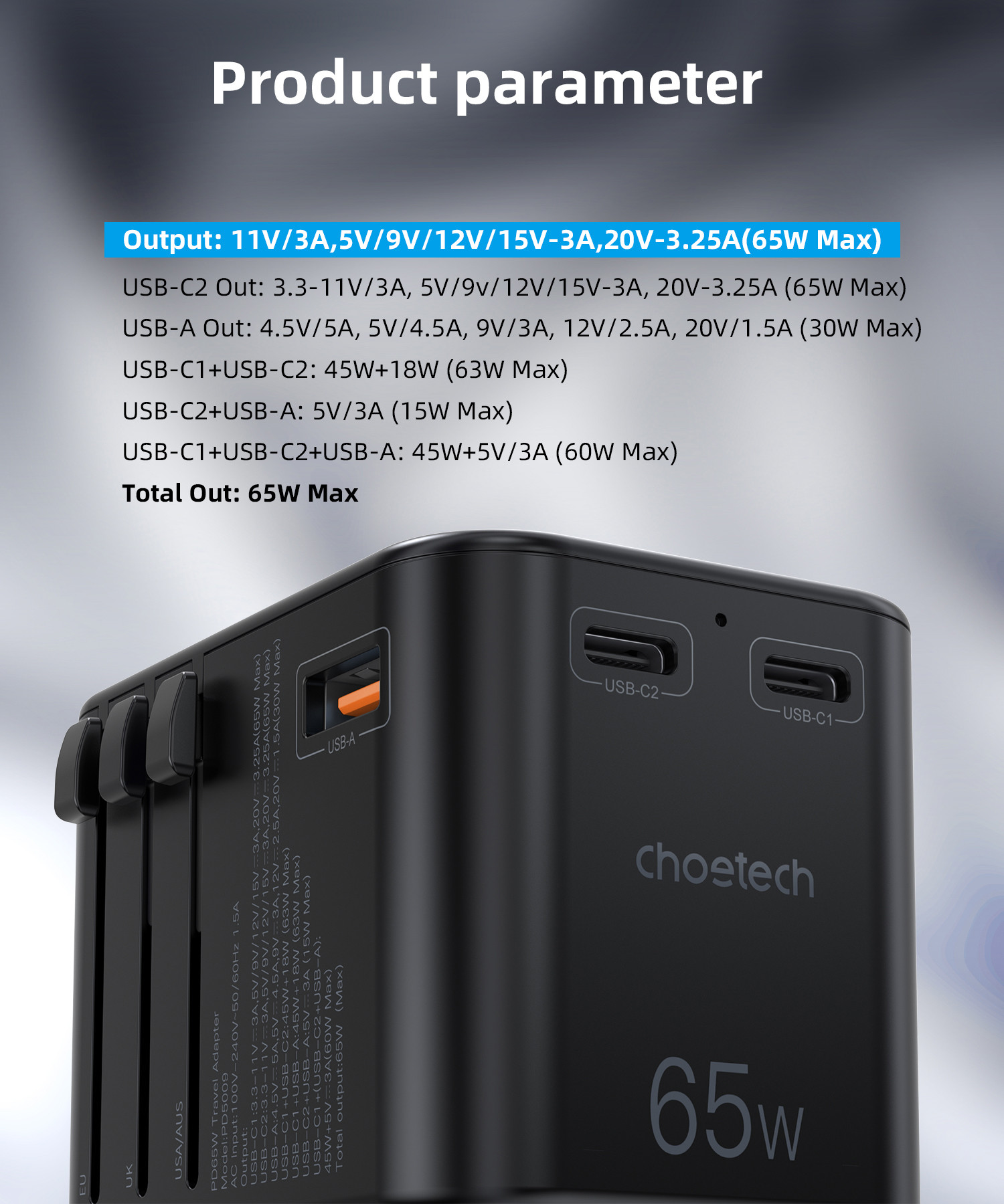 Choetech USB-C*2+A  65W travel US,UK,EU,AU töltő Fekete  