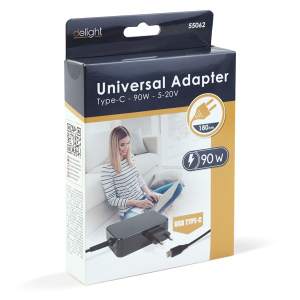 Delight 55062 Type-C (USB-C) adapter 90W DC 5-20V 1,8 m Fekete