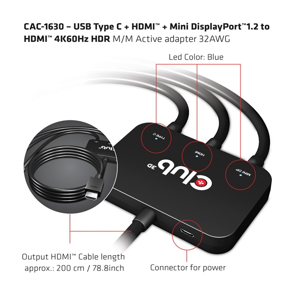 Club 3D CAC-1630 USB-C + HDMI + MiniDisplayport to HDMI 4K60Hz  M/M  32AVG Átalakító