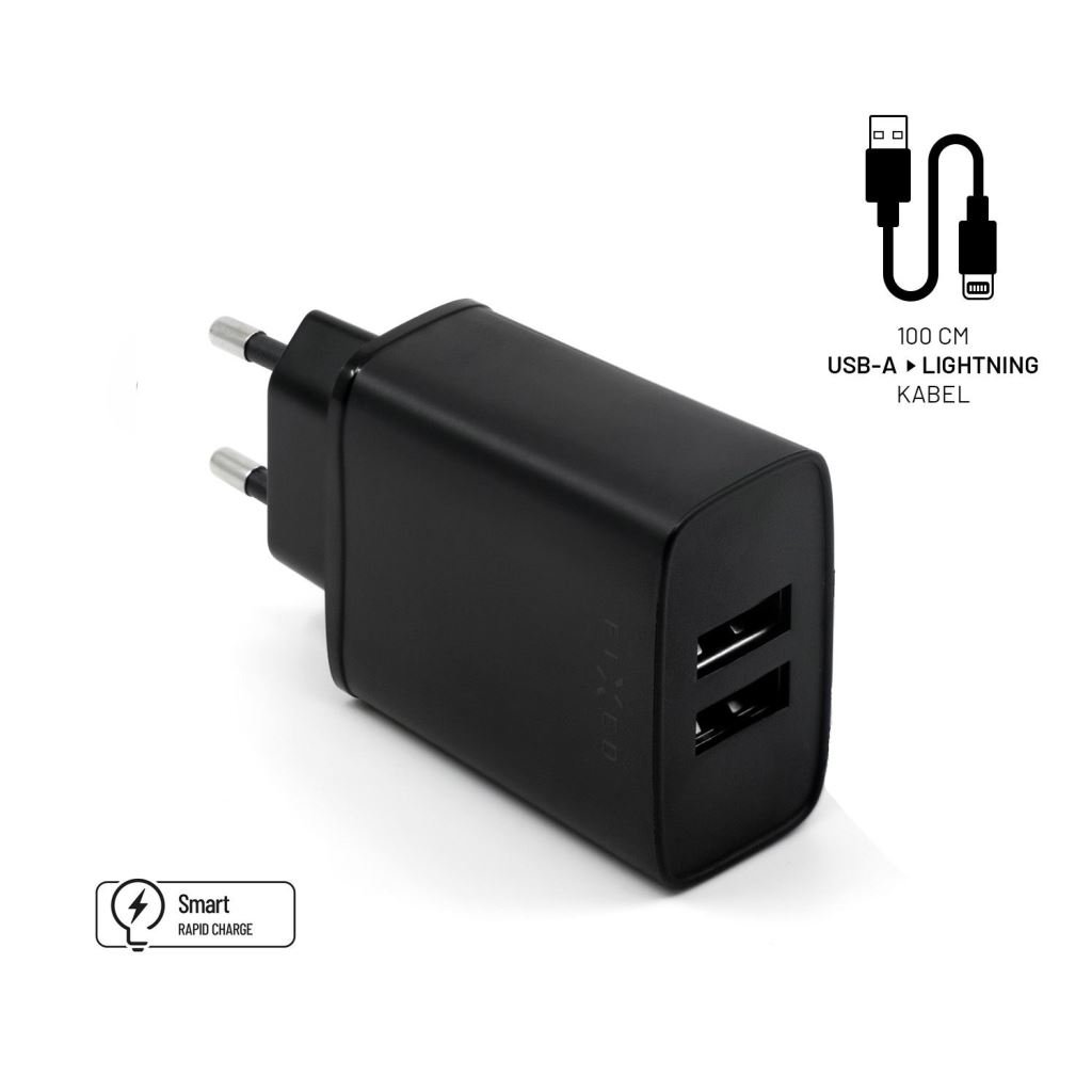 FIXED Travel 2xUSB-A hálózati töltő 15W fekete + USB-A - Lightning kábel (FIXC15-2UL-BK) FIXED Travel 2xUSB-A hálózati töltő 15W fekete + USB-A - Lightning kábel (FIXC15-2UL-BK)