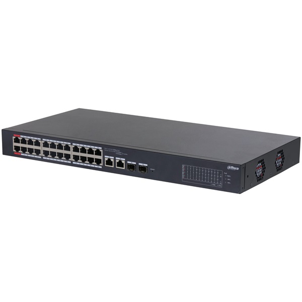 Dahua CS4226-24ET-375  Cloud menedzsment  24x 100Mbps at/af PoE  2x 1Gbps  2x 1Gbps SFP 375W Mendzselhető PoE switch