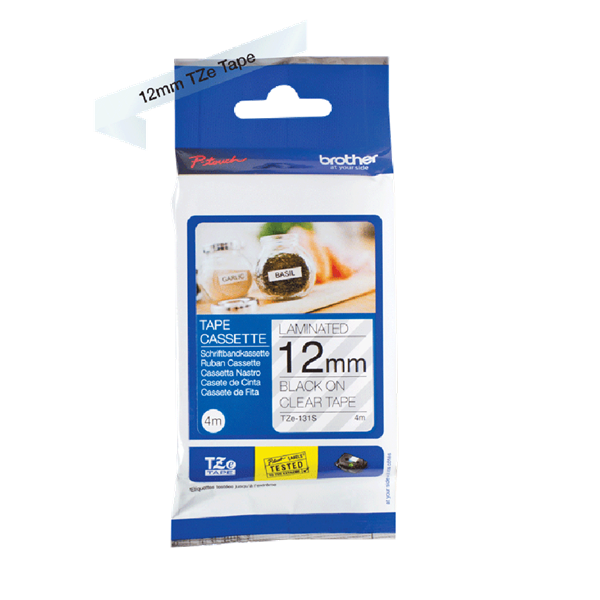 Brother TZE-131s laminált P-touch szalag (12mm) Black on Clear - 4m