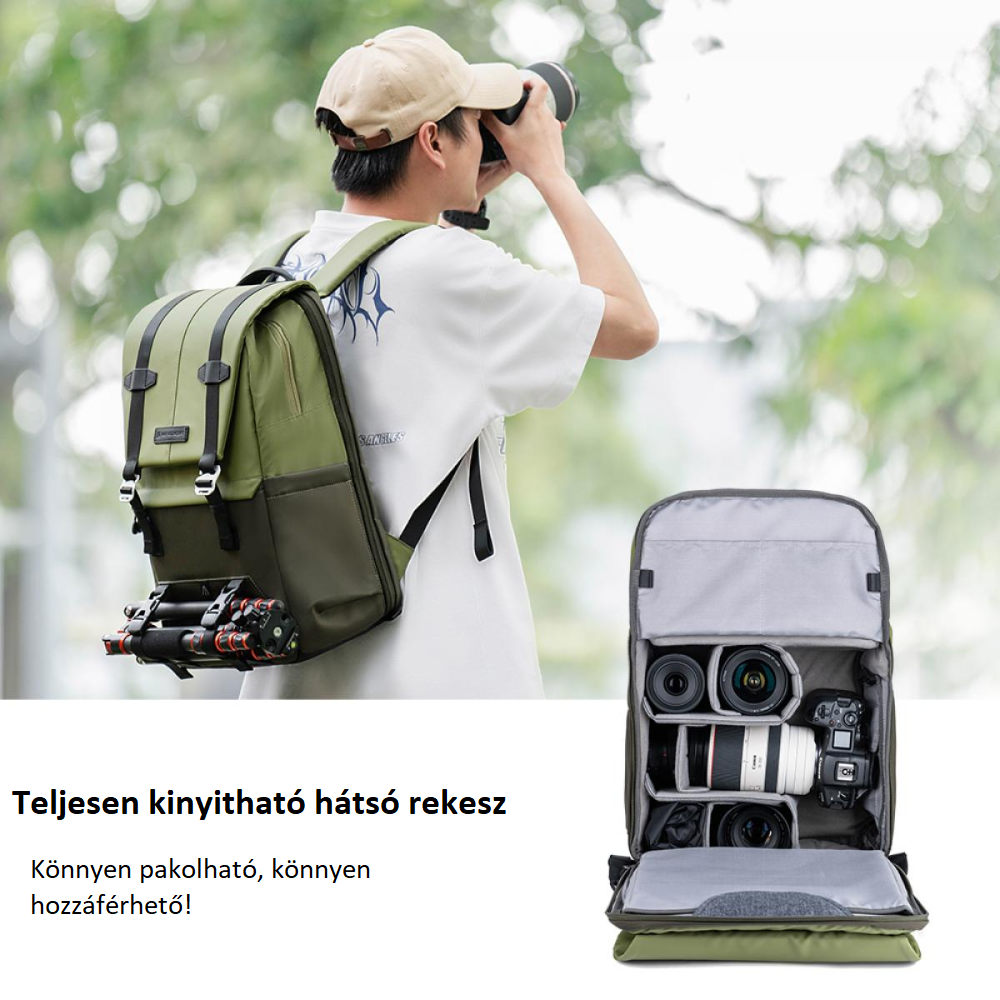 K&F Concept Beta Backpack 20 literes, fotós hátizsák, sötét zöld színben