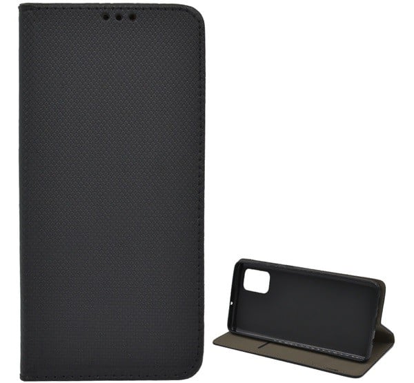 Tok álló, bőr hatású (FLIP, oldalra nyíló, asztali tartó funkció, rombusz minta) FEKETE [Samsung Galaxy A71 (SM-A715F)]