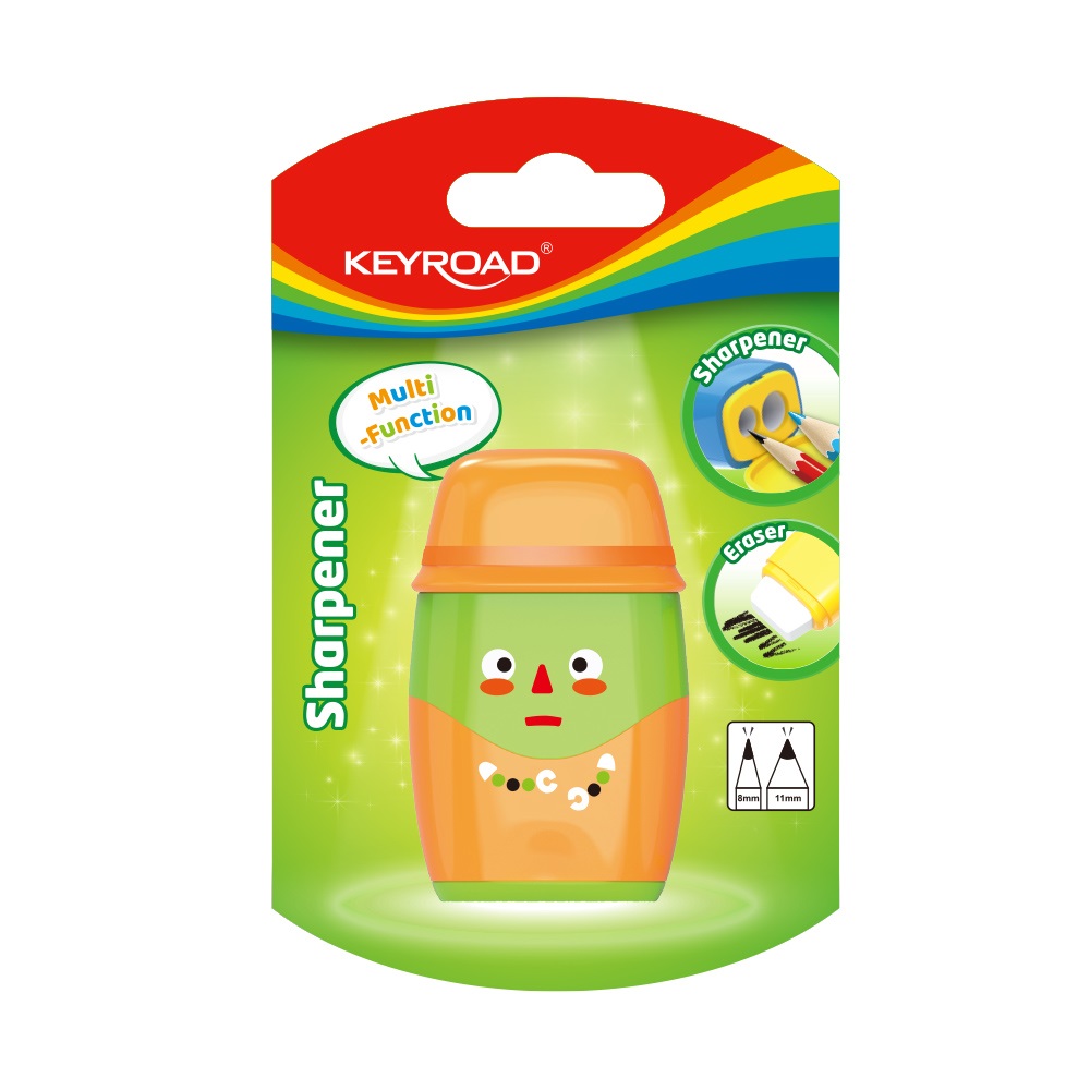Keyroad Hegyező, 2 lyukú, radírral, 1 db/bliszter,  2in1, vegyes színek (KR972118)