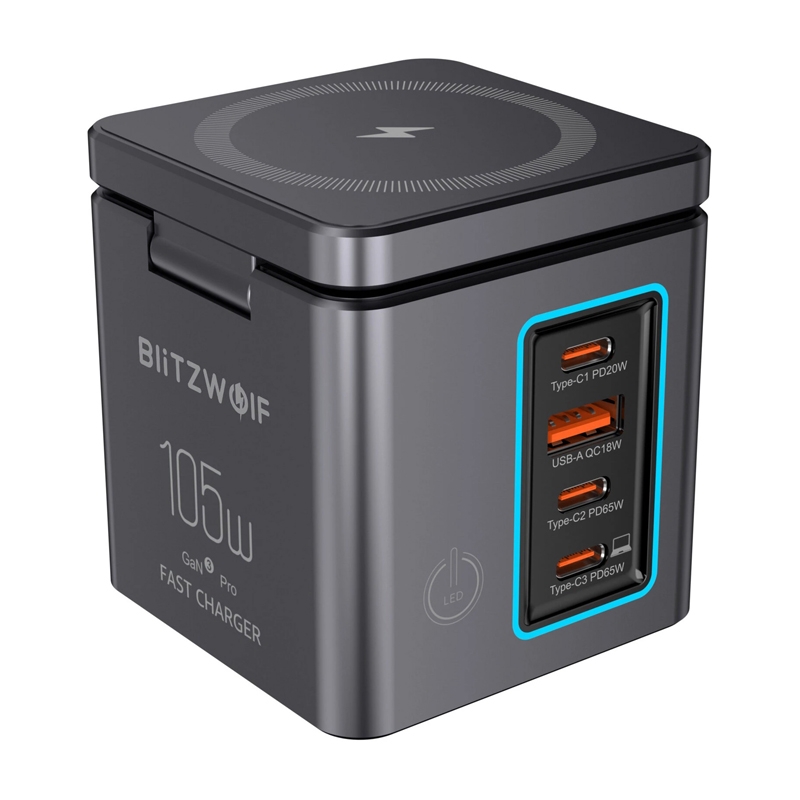BlitzWolf BW-i113 GaN, USB-A, 3xUSB-C, 105 W-os hálózati töltő