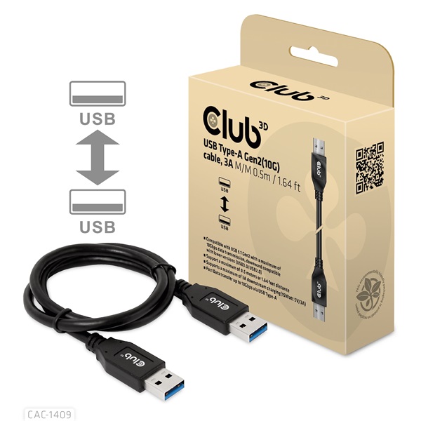 Club3D kábel -  (USB-A Gen2, M/M, 10Gbps, 3A, 15W, 5V/3A, 0.5m) (CAC-1409)