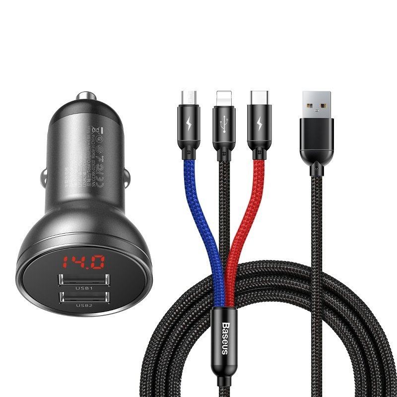Baseus autós töltő 24 W-os kijelzővel + 3 az 1-ben USB kábel, 1.2 m (TZCCBX-0G) Baseus autós töltő 24 W-os kijelzővel + 3 az 1-ben USB kábel, 1.2 m (TZCCBX-0G)
