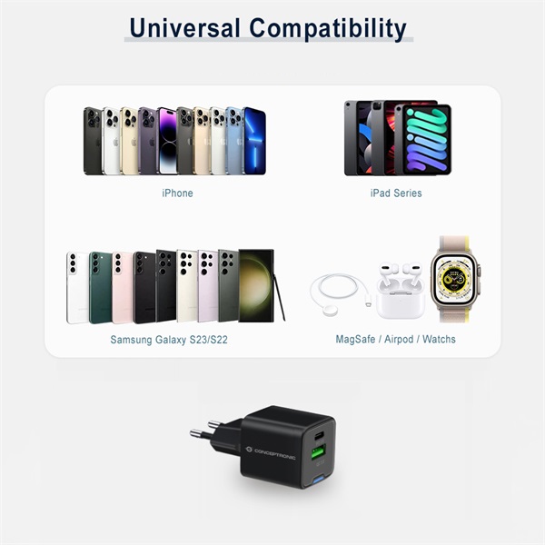 Conceptronic   ALTHEA16B  USB-C+USB-A  33W   telefon töltő adapter+3in1kábel Fekete