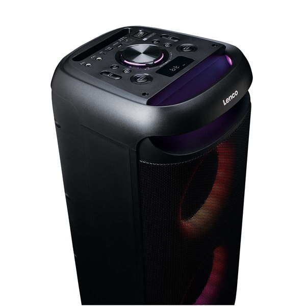 Lenco PA-210BK Bluetooth 5.3 bulihangszóró beépített világítással , TWS, 100W erősítővel, 2x mikrofon bemenet