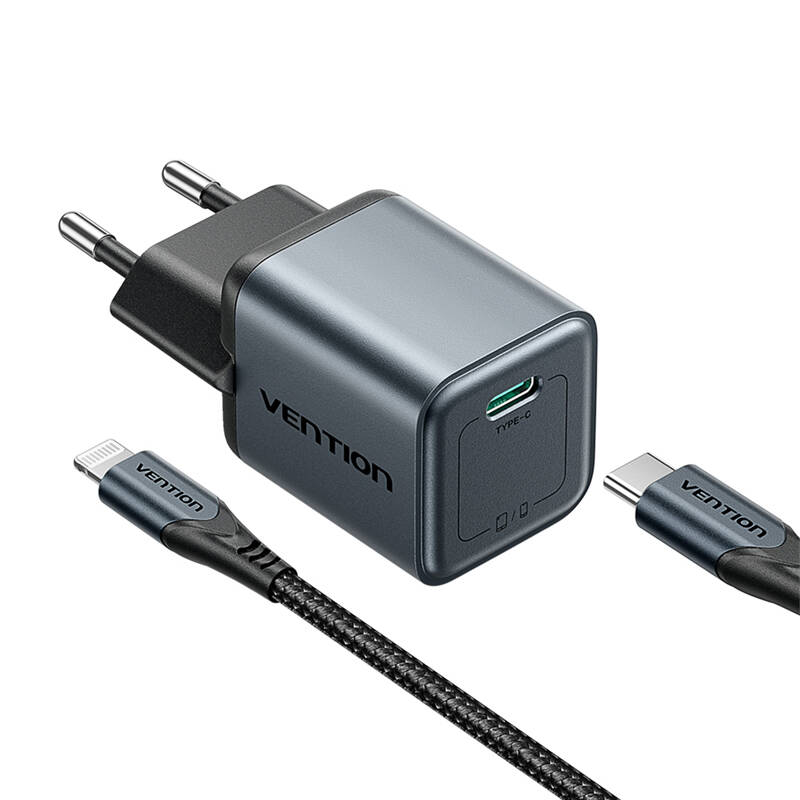 Vention GaN USB-C 20W töltő + USB-C-L 1m kábel Szürke 