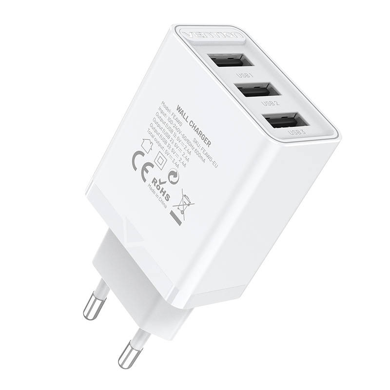 Wall charger 3x USB Vention FEAW0-EU, 2.4A, 12W (white) Wall charger 3x USB Vention FEAW0-EU, 2.4A, 12W (white)