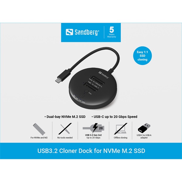 Sandberg M.2 SSD dokkoló -USB3.2 Cloner Dock for M2+NVMe