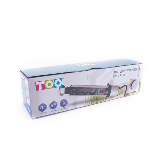 TOO PPS-305-3C IP20, 3x 2P+F, 2x USB-A, króm asztalba süllyeszthető elosztó TOO PPS-305-3C IP20, 3x 2P+F, 2x USB-A, króm asztalba süllyeszthető elosztó