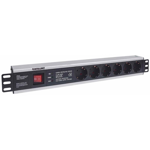 Manhattan 713962 19" 1.5U 6 aljzat  LED fény 3m  ki-be kapcsológomb Rackmount elosztó  