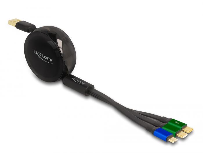 Delock USB 3 az 1-ben visszahúzható töltőkábel Micro USB-hez / 2 x USB Type-C  gyorstöltéssel Fekete
