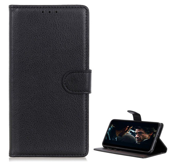 Tok álló, bőr hatású (FLIP, oldalra nyíló, asztali tartó funkció, prémium) FEKETE [Samsung Galaxy A31 (SM-A315F)]